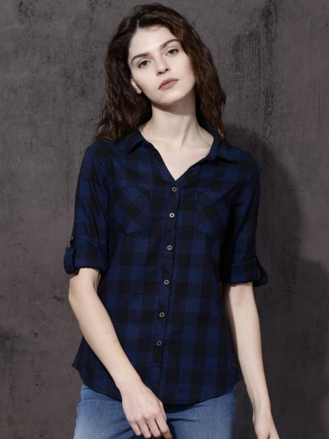 Roadster Women Blue & Black Slim Fit Checked Casual Shirt