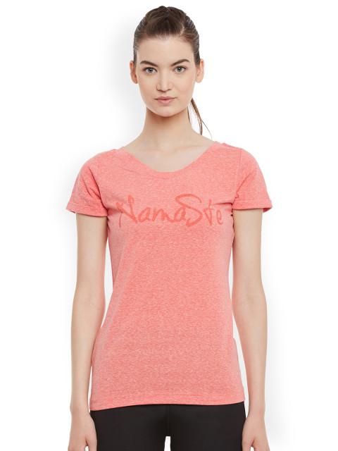 PERF Women Peach-Coloured Self Design V-Neck T-shirt